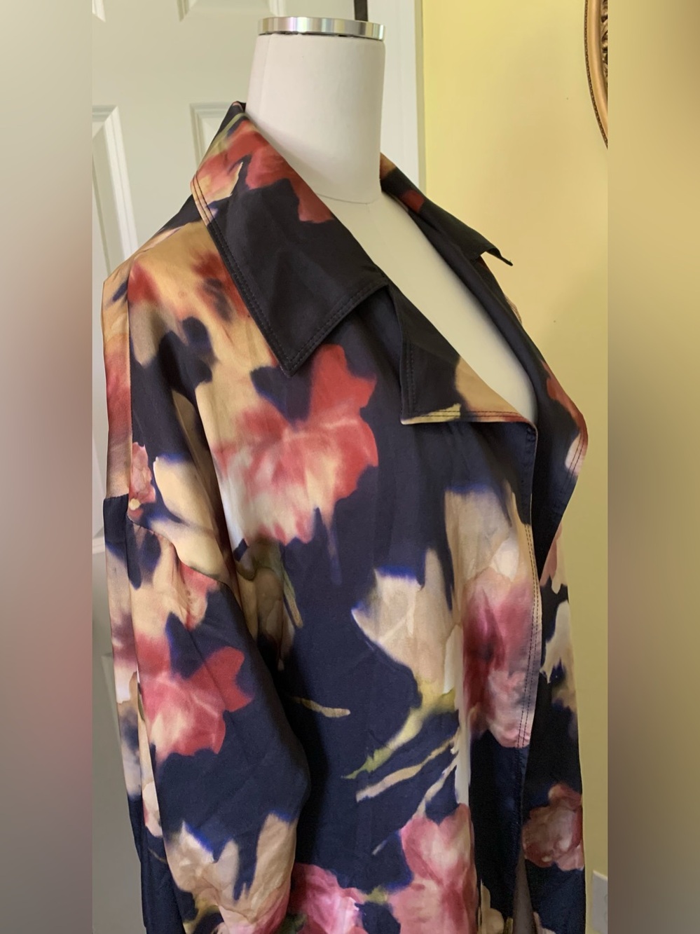 Zara Accessories WrapTrench Coat Duster Tie Sleeve Deep Blue Black AbstractPrint - Picture 10 of 16